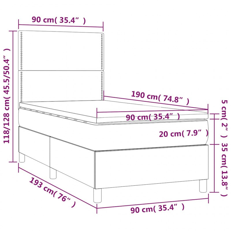 Łóżko kontynentalne, materac i LED, niebieski aksamit 90x190 cm