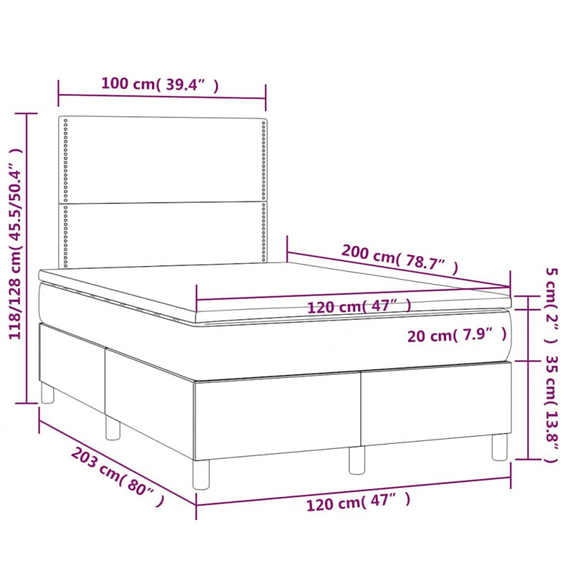 Łóżko kontynentalne, materac i LED, niebieski aksamit 120x200cm