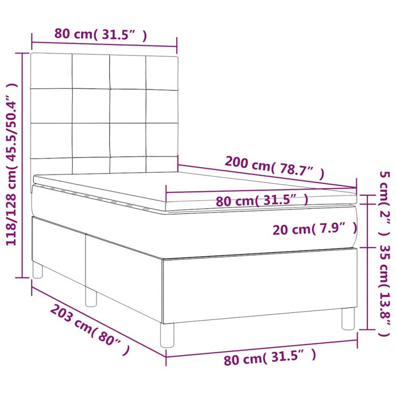 Łóżko kontynentalne, materac i LED, niebieski aksamit 80x200 cm