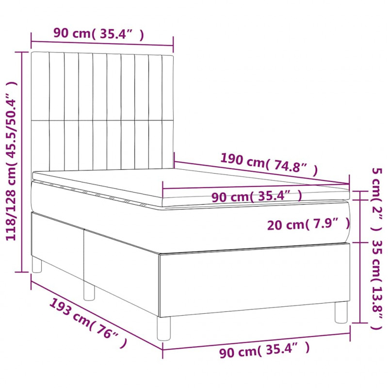 Łóżko kontynentalne, materac i LED, niebieski aksamit 90x190 cm