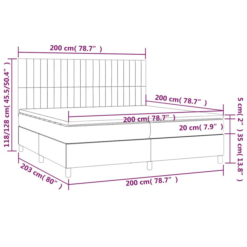 Łóżko kontynentalne, materac i LED, niebieski aksamit 200x200cm