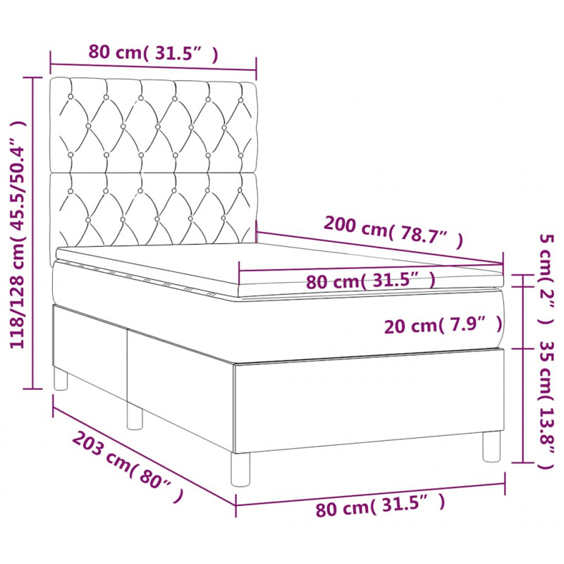 Łóżko kontynentalne, materac i LED, niebieski aksamit 80x200 cm
