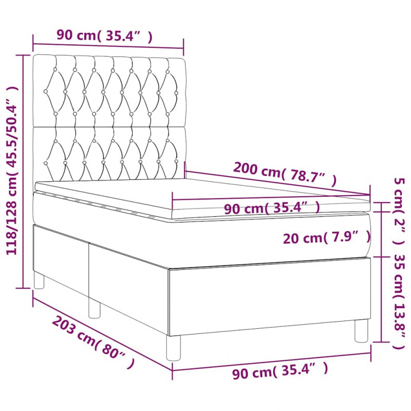 Łóżko kontynentalne, materac i LED, niebieski aksamit 90x200 cm