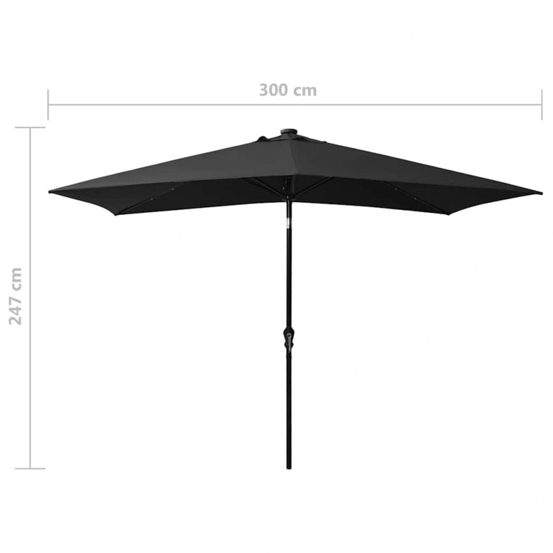 Parasol ogrodowy z LED i stalowym słupkiem, czarny, 2x3 m