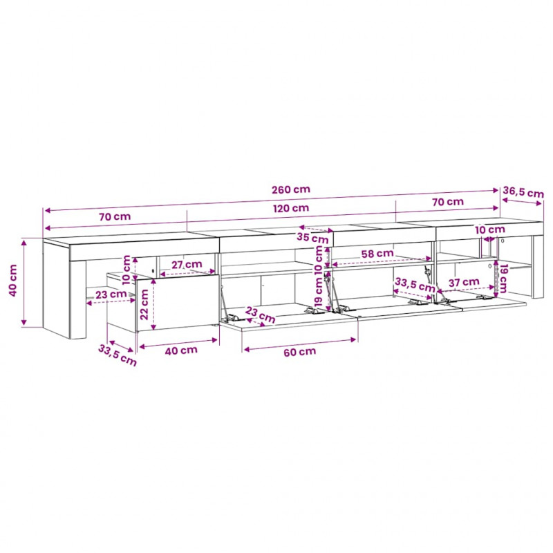 Szafka pod TV z oświetleniem LED, dąb sonoma, 260x36,5x40 cm