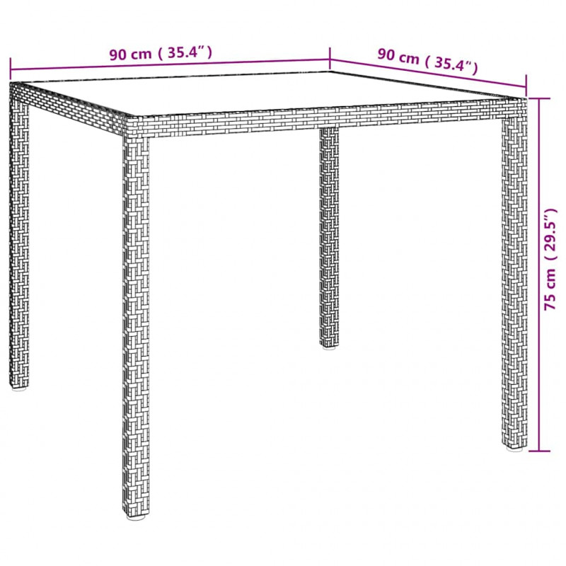 Stół ogrodowy, 90x90x75 cm, szkło i rattan PE, szary