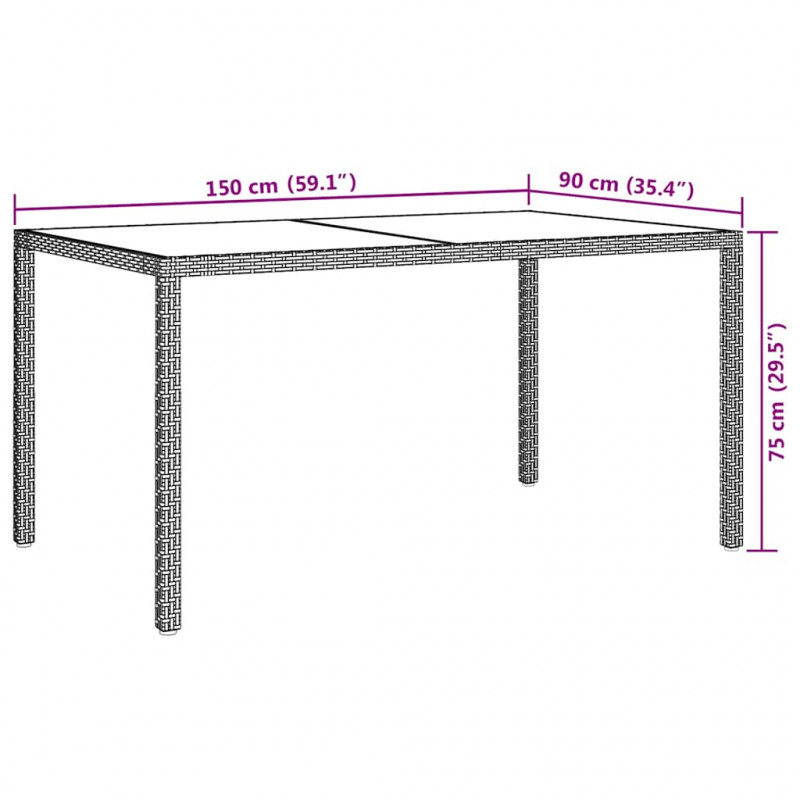 Stół ogrodowy, 150x90x75 cm, szkło i rattan PE, brązowy