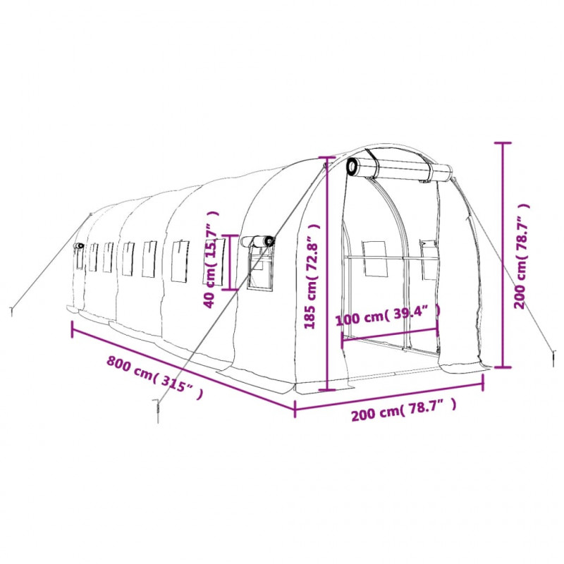 Szklarnia ze stalową ramą, zielona, 16 m², 8x2x2 m