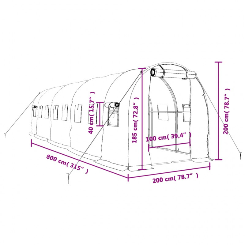 Szklarnia ze stalową ramą, biała, 16 m², 8x2x2 m