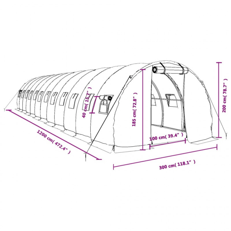 Szklarnia ze stalową ramą, zielona, 36 m², 12x3x2 m