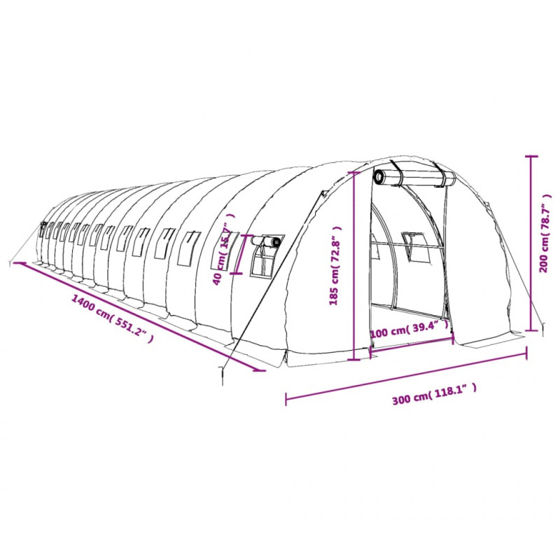 Szklarnia ze stalową ramą, zielona, 42 m², 14x3x2 m