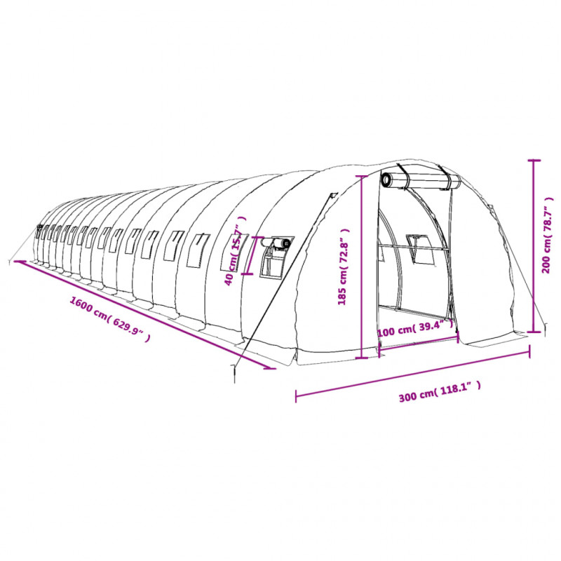 Szklarnia ze stalową ramą, zielona, 48 m², 16x3x2 m