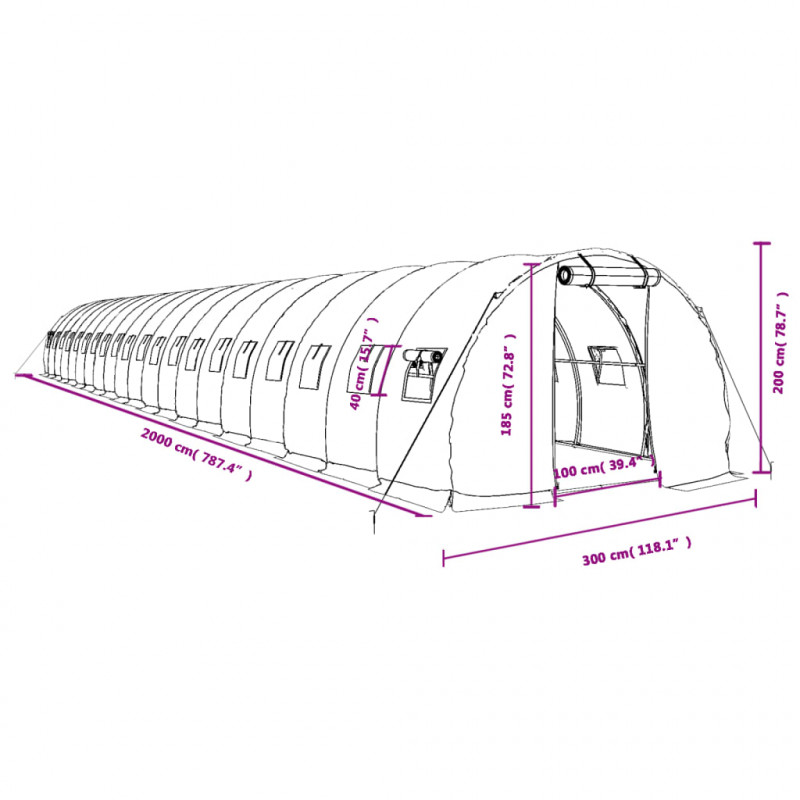 Szklarnia ze stalową ramą, zielona, 60 m², 20x3x2 m