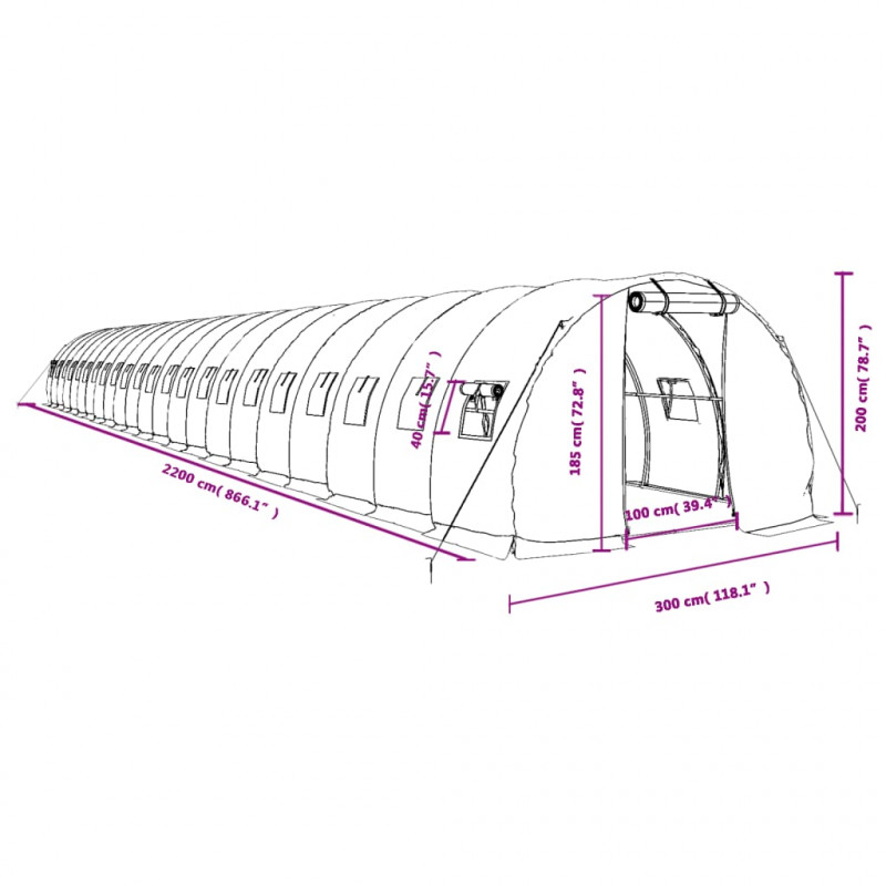 Szklarnia ze stalową ramą, zielona, 66 m², 22x3x2 m