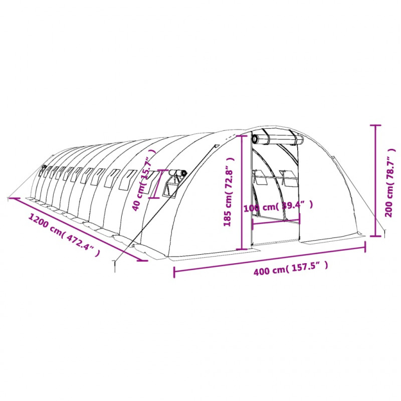 Szklarnia ze stalową ramą, zielona, 48 m², 12x4x2 m