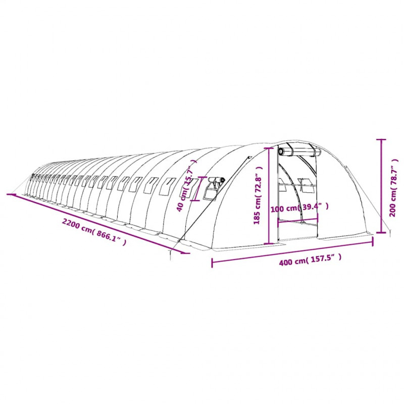 Szklarnia ze stalową ramą, zielona, 88 m², 22x4x2 m