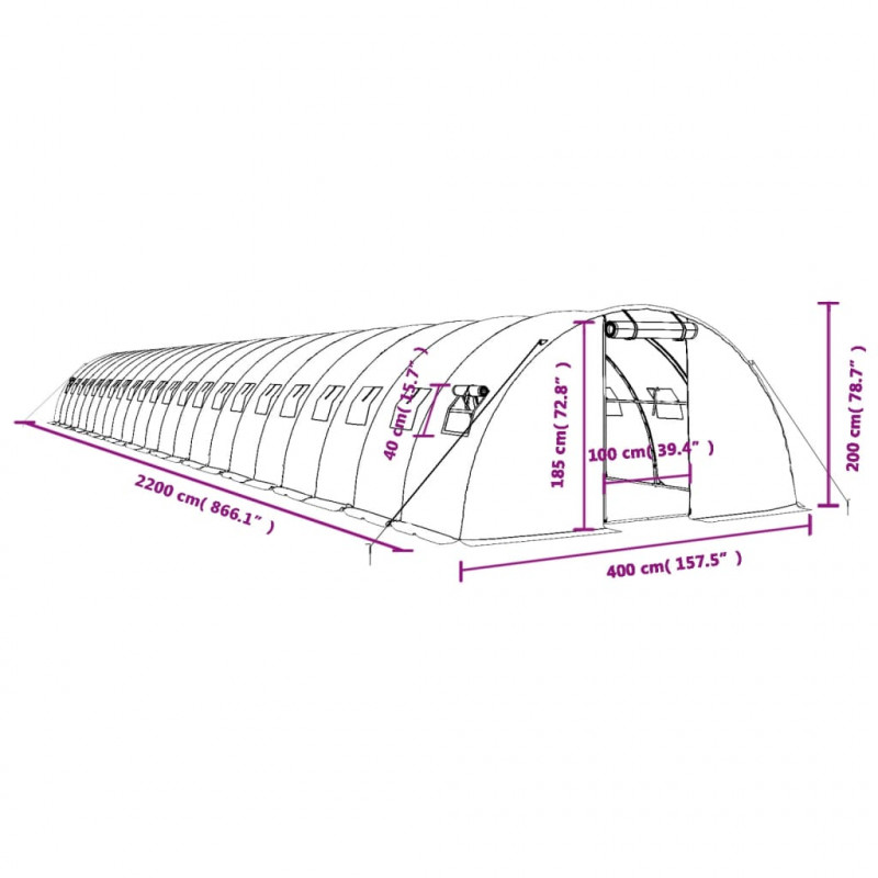 Szklarnia ze stalową ramą, biała, 88 m², 22x4x2 m