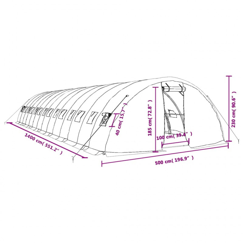 Szklarnia ze stalową ramą, zielona, 70 m², 14x5x2,3 m