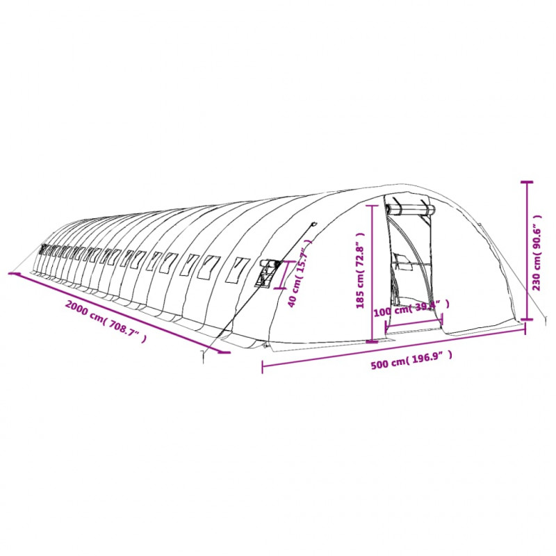 Szklarnia ze stalową ramą, zielona, 100 m², 20x5x2,3 m