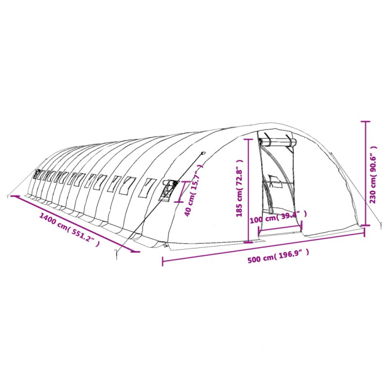 Szklarnia ze stalową ramą, biała, 70 m², 14x5x2,3 m