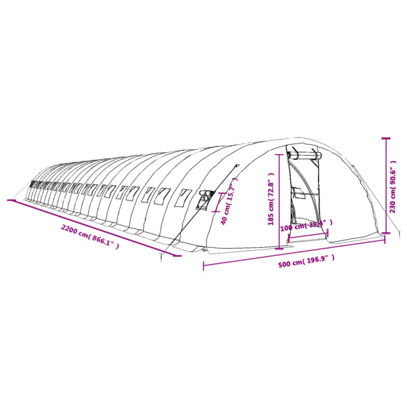 Szklarnia ze stalową ramą, biała, 110 m², 22x5x2,3 m
