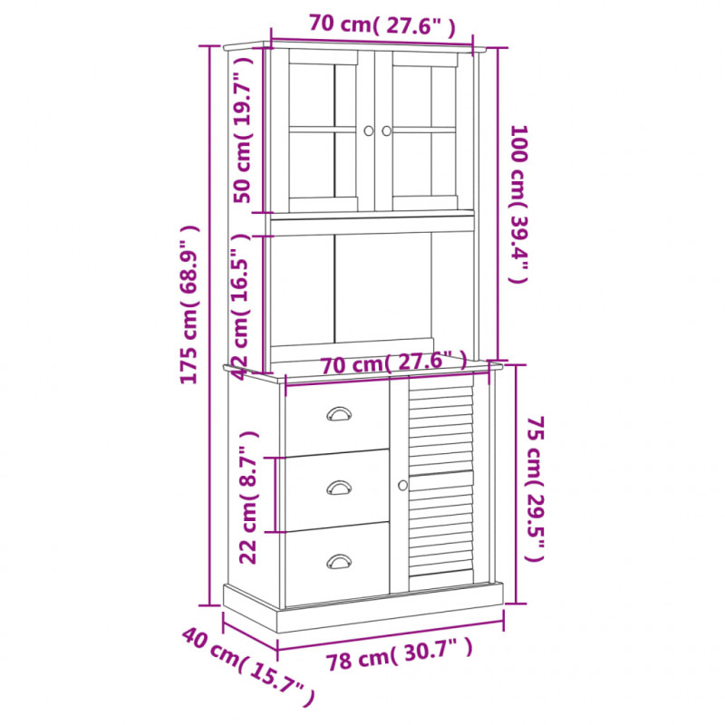 Kredens VIGO, 78x40x175 cm, lite drewno sosnowe
