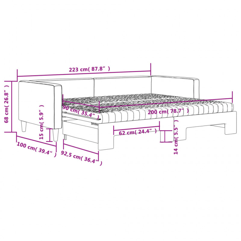 Sofa rozsuwana z materacami, czarna, 90x200 cm, tkanina