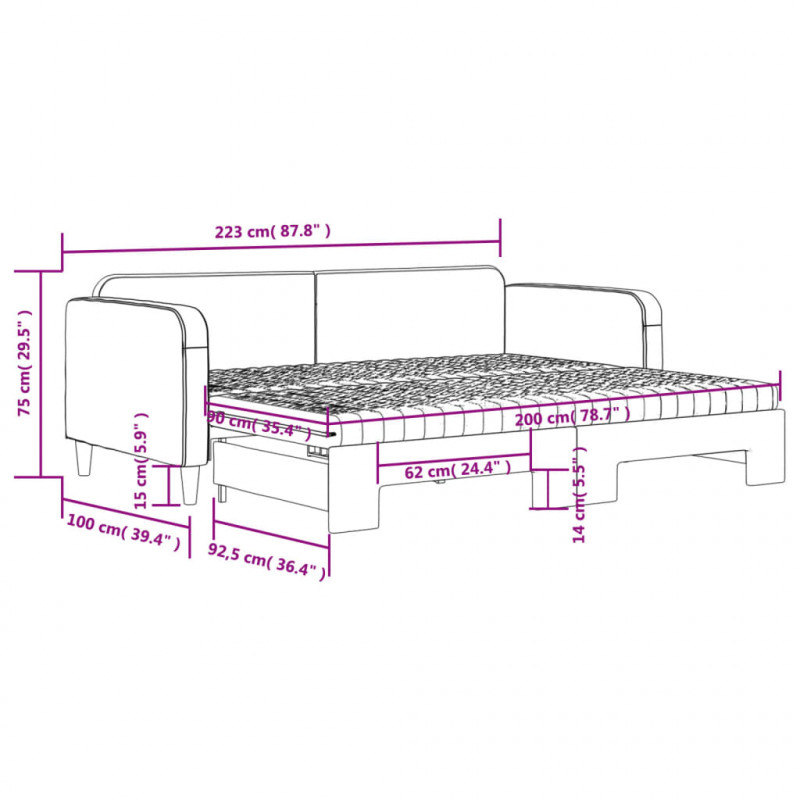 Sofa rozsuwana z materacami, czarna, 90x200 cm, tkanina