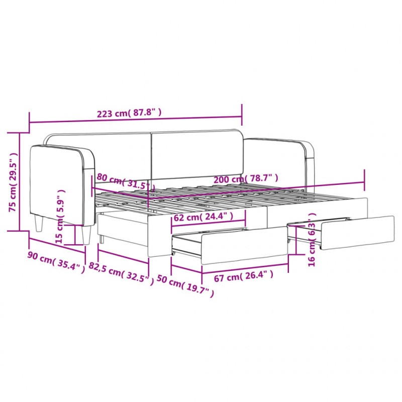 Sofa rozsuwana z szufladami, ciemnoszara, 80x200 cm, tkanina
