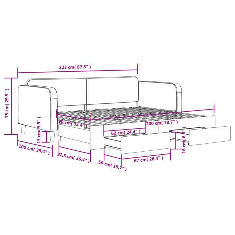 Sofa rozsuwana z szufladami, taupe, 90x200 cm, tkanina