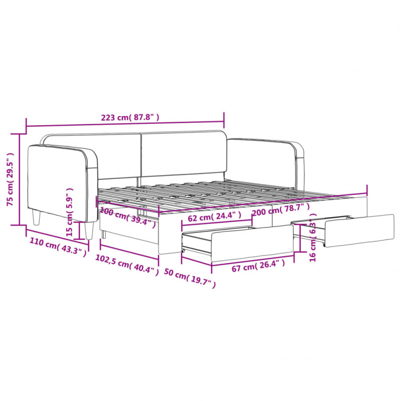 Sofa rozsuwana z szufladami, kremowa, 100x200 cm, tkanina