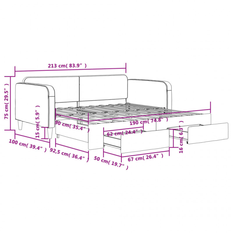 Sofa rozsuwana z szufladami, ciemnoszara, 90x190 cm, tkanina