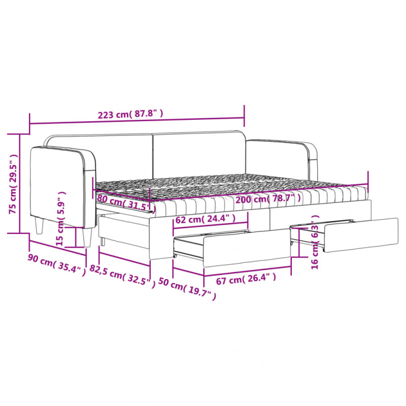 Sofa rozsuwana z szufladami, czarna, 80x200 cm, tkanina