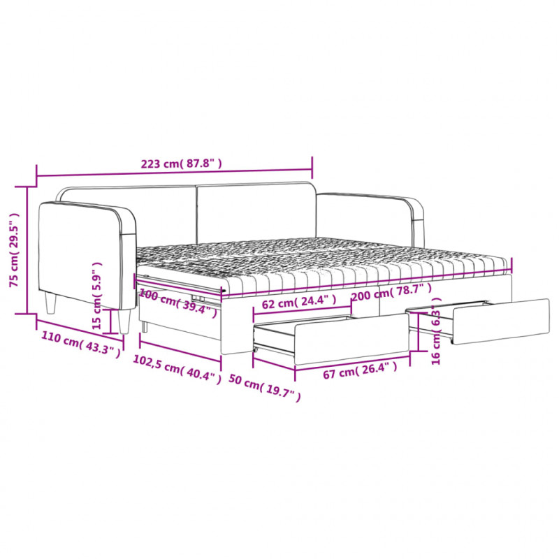 Sofa rozsuwana z szufladami, czarna, 100x200 cm, tkanina