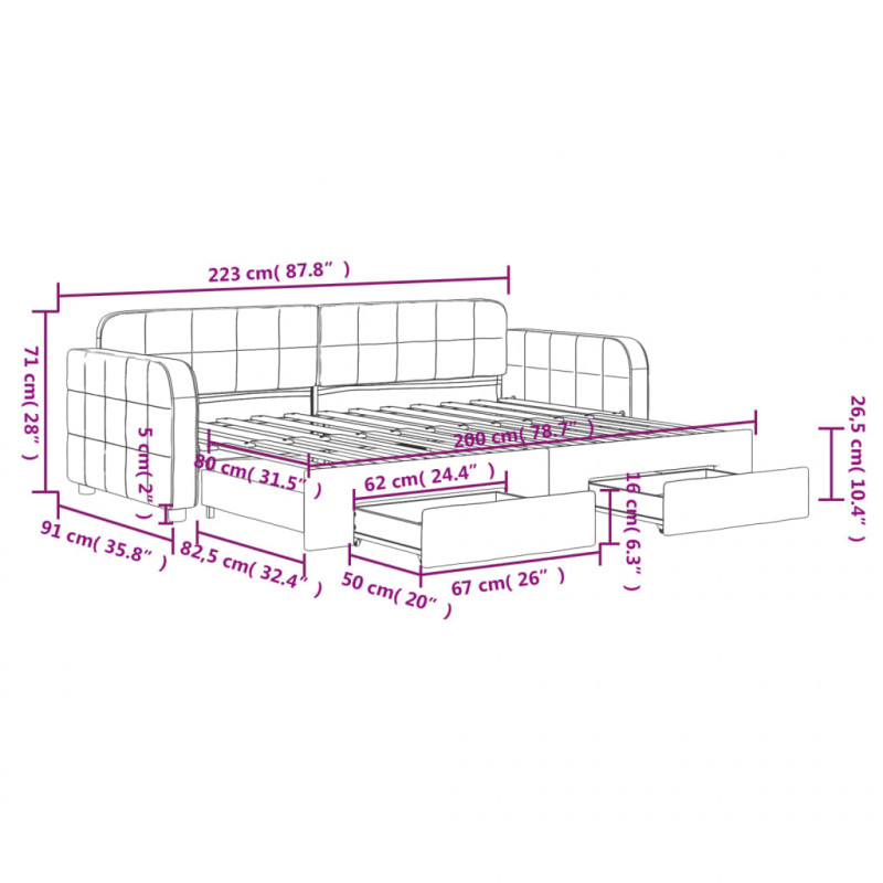 Sofa rozsuwana z szufladami, czarna, 80x200 cm, aksamit