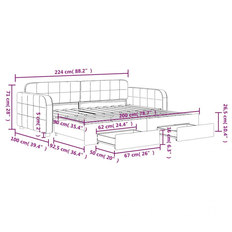 Sofa rozsuwana z szufladami, ciemnozielona, 90x200 cm, aksamit