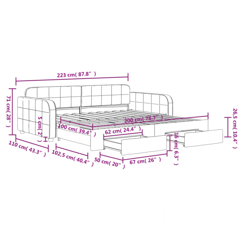 Sofa rozsuwana z szufladami, ciemnoszara, 100x200 cm, aksamit