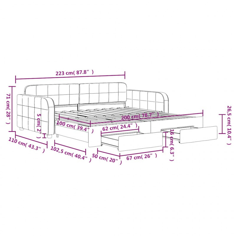 Sofa rozsuwana z szufladami, ciemnozielona, 100x200 cm, aksamit