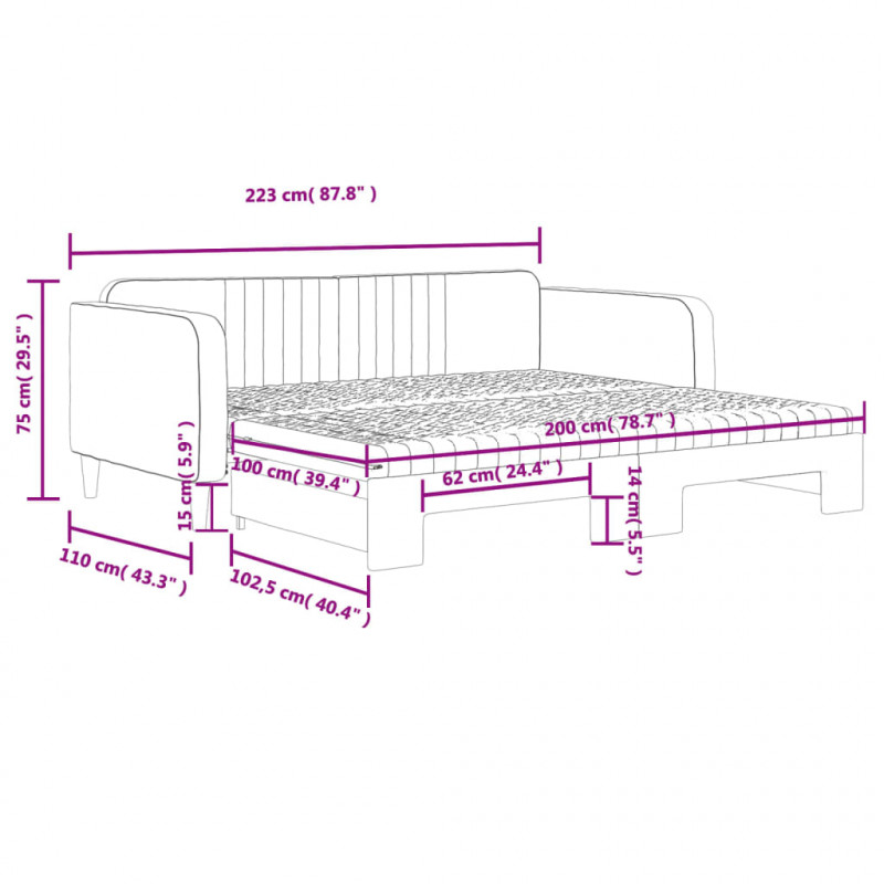 Sofa rozsuwana z materacami, ciemnoszara, 100x200 cm, aksamit