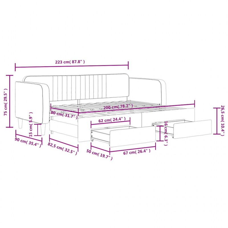 Sofa rozsuwana z szufladami, niebieska, 80x200 cm, aksamit