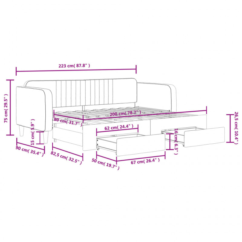 Sofa rozsuwana z szufladami, czarna, 80x200 cm, aksamit