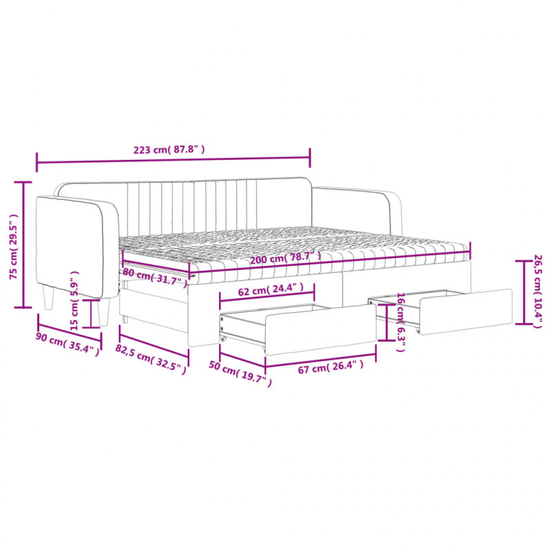 Sofa rozsuwana z szufladami, jasnoszara, 80x200 cm, aksamit
