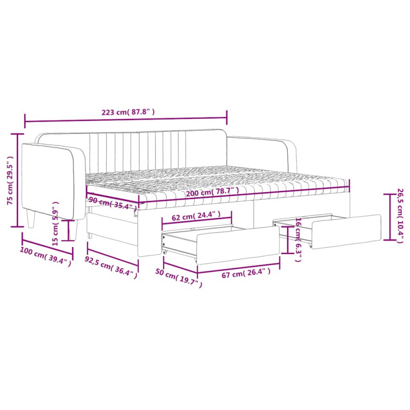 Sofa rozsuwana z szufladami, ciemnozielona, 90x200 cm, aksamit