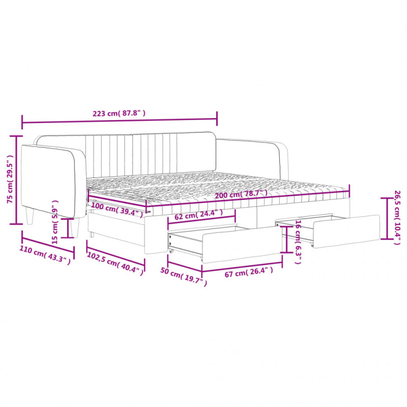Sofa rozsuwana z szufladami, czarna, 100x200 cm, aksamit