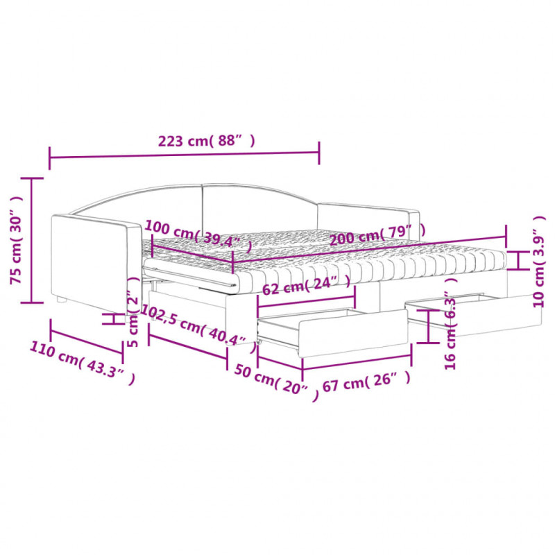 Sofa rozsuwana z szufladami, czarna, 100x200 cm, tkanina