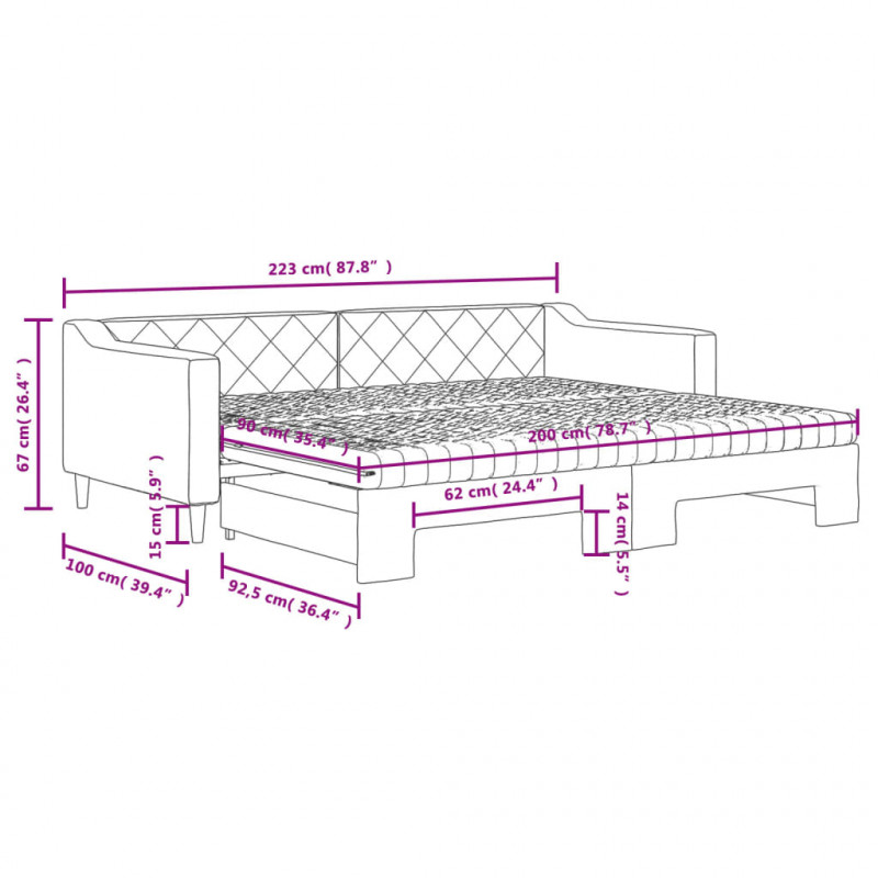 Sofa rozsuwana z materacami, czarna, 90x200 cm, tkanina