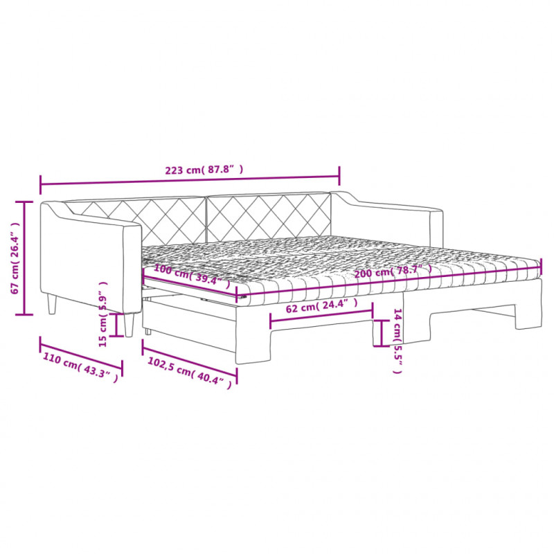 Sofa rozsuwana z materacami, czarna, 100x200 cm, tkanina