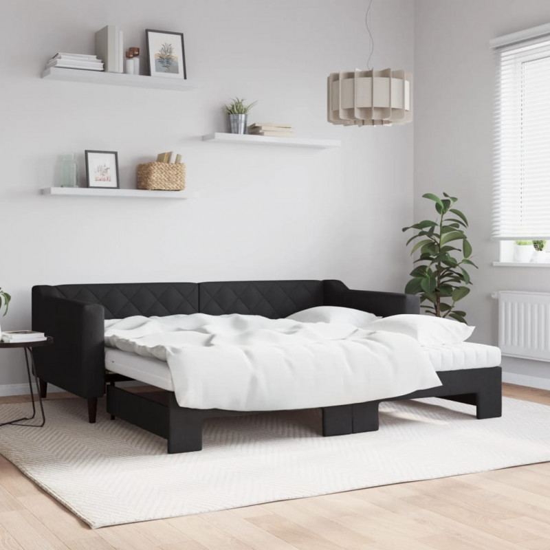 Sofa rozsuwana z materacami, czarna, 90x190 cm, tkanina