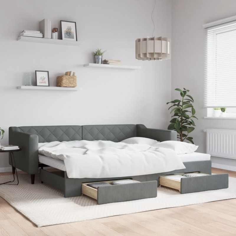Sofa rozsuwana z szufladami, ciemnoszara, 90x200 cm, tkanina
