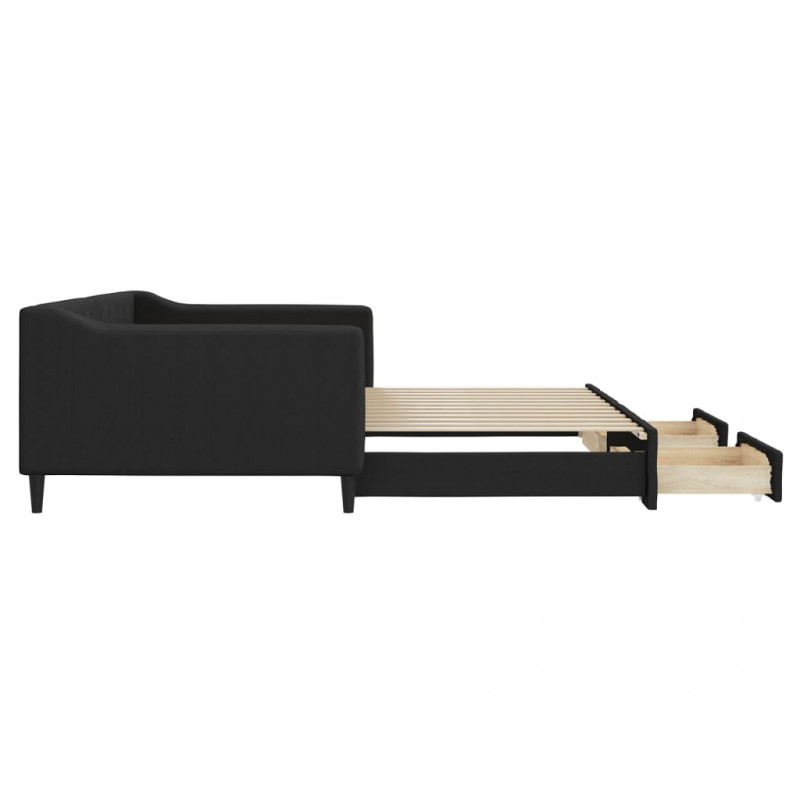 Sofa rozsuwana z szufladami, czarna, 100x200 cm, tkanina